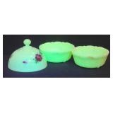 (2) Uranium Glass Custard Cups + Domed Butter ...