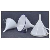 (3) White Enamelware Funnels