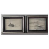 Pair of Pencil Sketch Prints of Winter Scenes