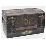 Antique Tole Painted Curve Top Black Trunk w/ Tray