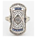 Art Deco 18K Gold, Diamond & Sapphire Ring