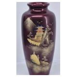 Red Lacquer & Gold Japanese Glass Vase 10"