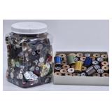 Jar of Vintage Buttons & Box of Spools of Thread
