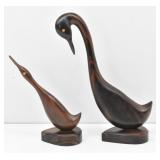 (2) Stained Walnut Carved Swans