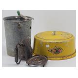 Yellow Tin Cake Carrier, Ice Cream Bucket, & Iron