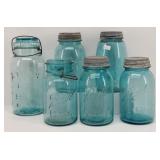 (6) Blue Glass Canning Jars Primitive