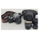 Pentax MG 35mm Camera w/ Case, Extra Lens, & Flash