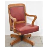 Vintage Oak Bent Arm Red Leather Office Chair
