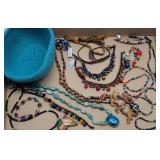 Blue Felted Wool Bowl & (14pcs)  African Jewelry