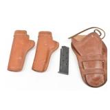 (3) Leather Handgun Holsters & Magazine