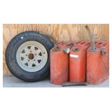 (3) Jerry Metal Gas Cans & Tire w/ Rim