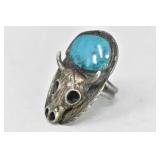 Cow Skull Turquoise Chunky Ring US Size 11