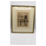 Signed Windmill Print w/Gold Frame