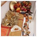 Great Fall Decor: Tablecloth, Knicknacks, Salt &