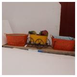 (6) Decorative Colorful Metal Leaf Baskets & Wagon