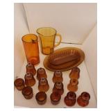 Dark Amber Glass Dishes: Pitcher, Vase, Oval