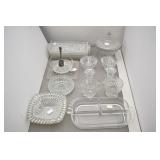 Glassware: Candle Holders, Large Candy Dish w/Lid,