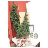 (3) Skinny Christmas Trees, Ornaments & Hooks