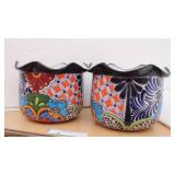 Pair of Colorful Pottery Planters- Made in Mexico