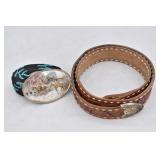 Tooled Leather Belt & Braided Belt w Belt Buckle