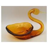 Hand Blown Amber Art Glass Swan Dish