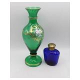 Bohemian Emerald Glass Vase & Cobalt Blue Jar