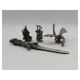 Pewter Dragon, Sword & Wizard Figurines