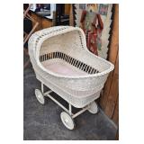 Large "Cure" Vintage Wicker Rolling Baby Bassinet