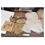 Lace Doilies,  Plaque, Vtg Hearing Aid, Glass Sets