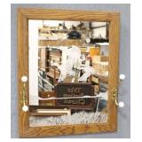 Oak Framed Mirror w/Duck Etching & Coat Hooks