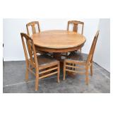 Round Oak Pedestal Table w/ 4- Oak Dining Chairs