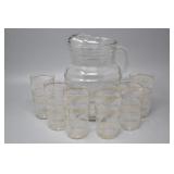 Vintage Etched Glass Pitcher & Glasses Gold Rings