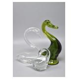 (3) Hand Blown Art Glass Swans Green & Clear