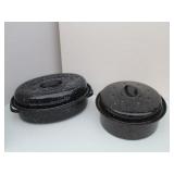 (2) Black Enamel Roasters Round & Oval
