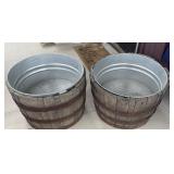 Two wooden barrel planters