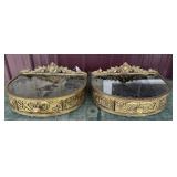 Pair of antique Ornate brass shelves with glass