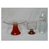 Glass Server & Short Vase w Red Base