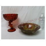 Red Glass Compote & Goofus Glass Bowl