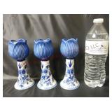 Delft Blue Hand Painted Taper Candle Holders ~ 3