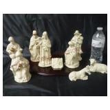 Ivory & Gold Nativity Set w Wooden Base