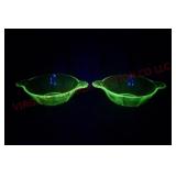 Green Uranium Glass Handled Berry Bowls ~ 2