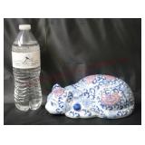 Blue, White & Pink Porcelain Cat Figurine ~8" Long