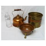 Copper Tea Pot, Colander & Brass Planter