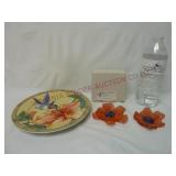 Hummingbird Plate & Catala Art Glass Flowers