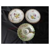 Antique Candle Holder & (2) Floral Pin Dishes