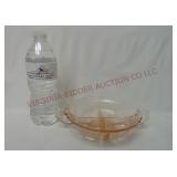 Handled Pink Glass Divided Dish w Cherry Design
