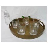 Vintage Brass Tray w Rocks Glasses & Olive Picks