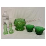 Green Glass ~ Salt & Pepper Set, Vase & Cups