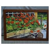 Framed Geraniums on Wagon Print on Canvas Board
