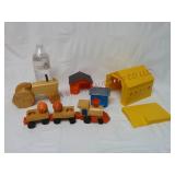Vintage Wooden Train, Tractor & Plastic Buildings